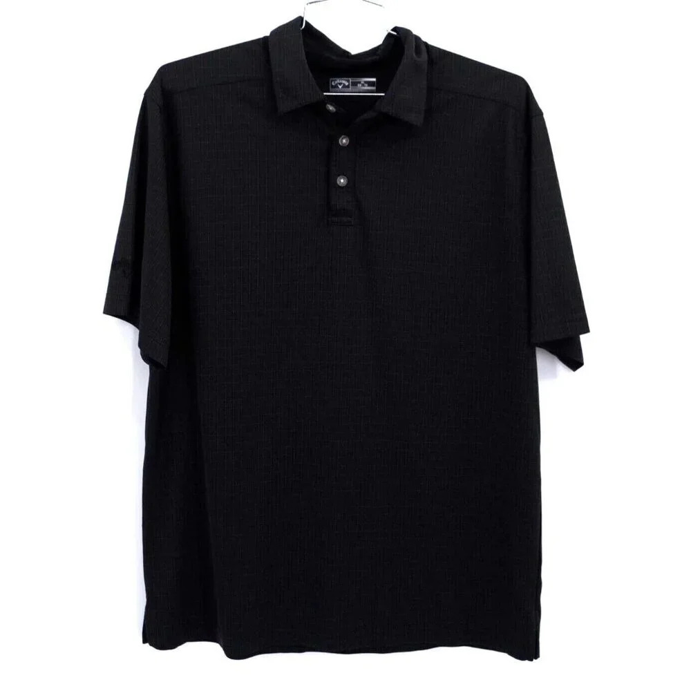 Callaway Men Golf Polo Shirt XL Black Plaid Collar Button Short‎ Sleeves